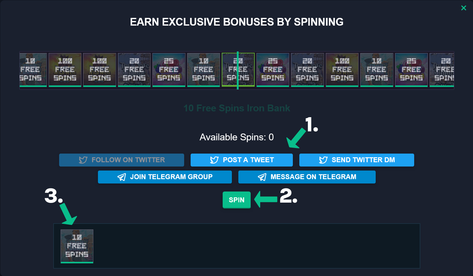Share to get free spins and to spin for exclusive bonuses